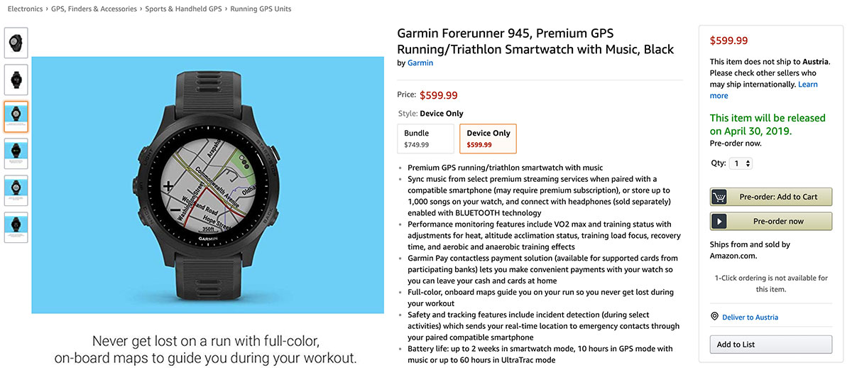 Auf Amazon befindet sich bereits ein Eintrag zur Garmin 945